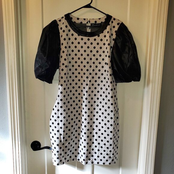 New York & Co. Black Polka Dot Print-Faux Leather Sleeves Shift Dress-Sz Large - Picture 1 of 8